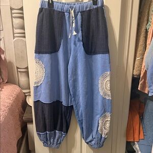 POL Light Blue and Navy Crochet Accent Harem Pants